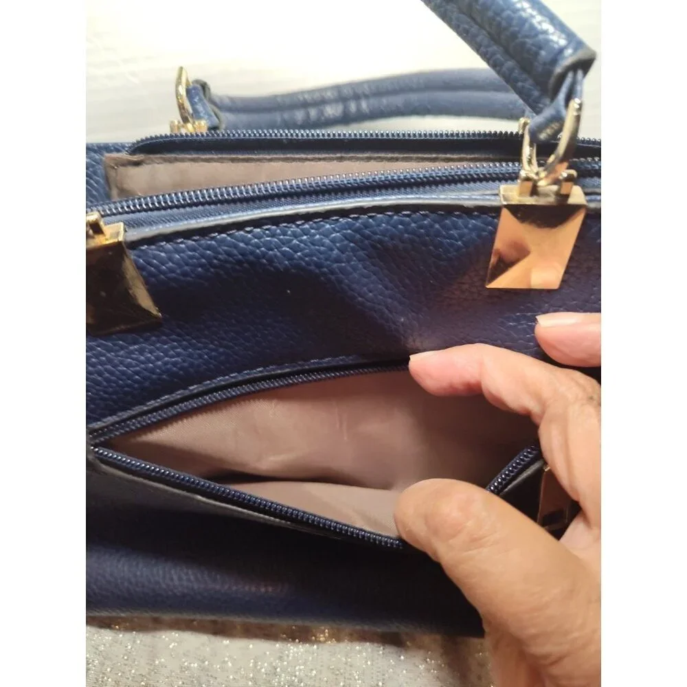 Danbaoly Women's Navy Tote Handbag‎ Faux Leather Gold hardware Brown lining